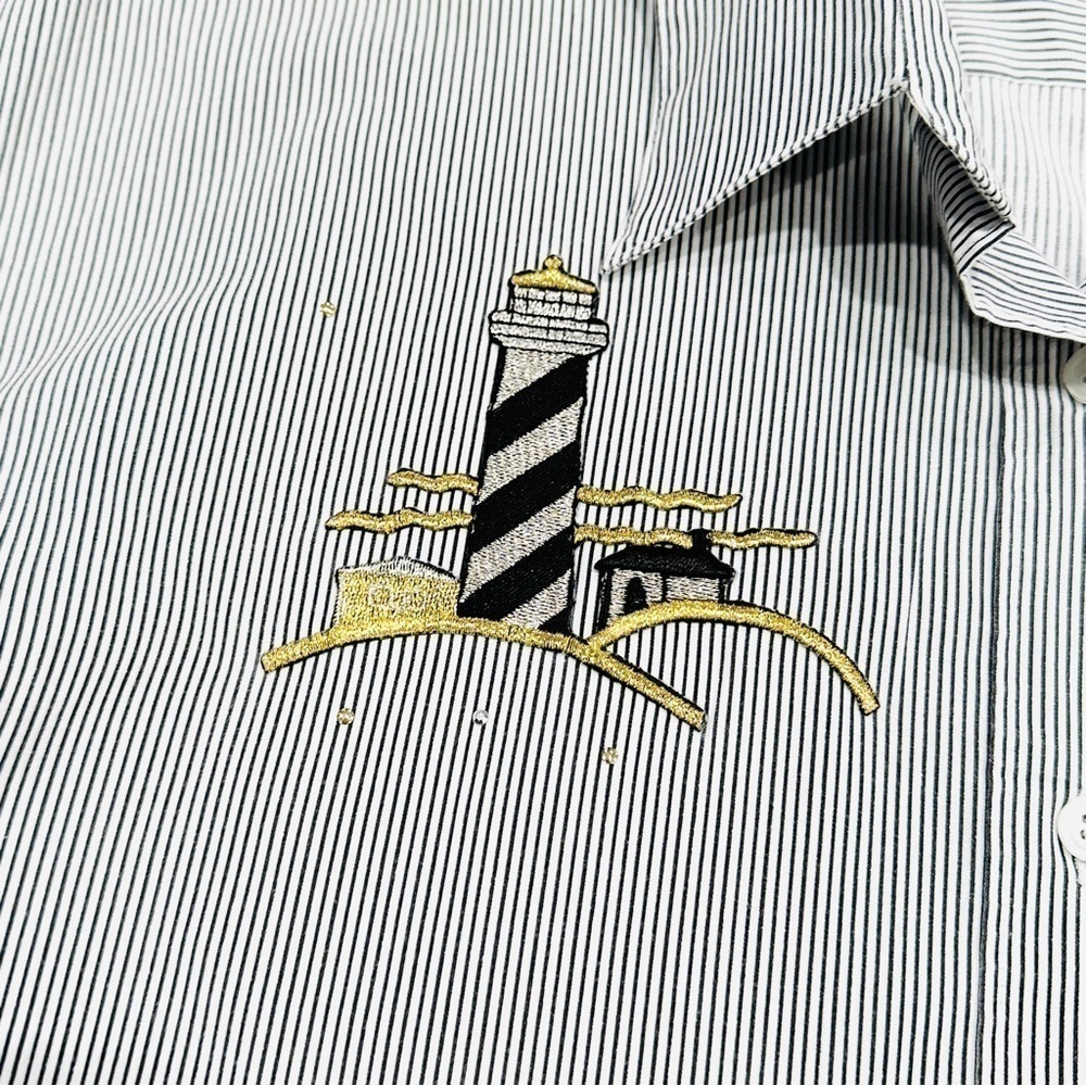 Vintage Las Olas Nautical Embroidered & Embellished Button Down Striped Shirt - Picture 3 of 6